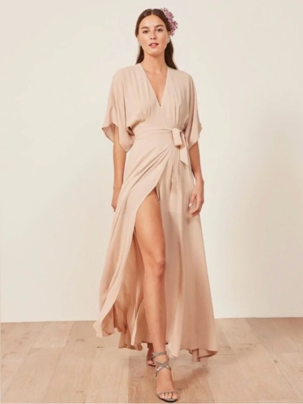 Reformation Winslow Maxi Wrap Dress V-Neck Champagne Viscose Sz S